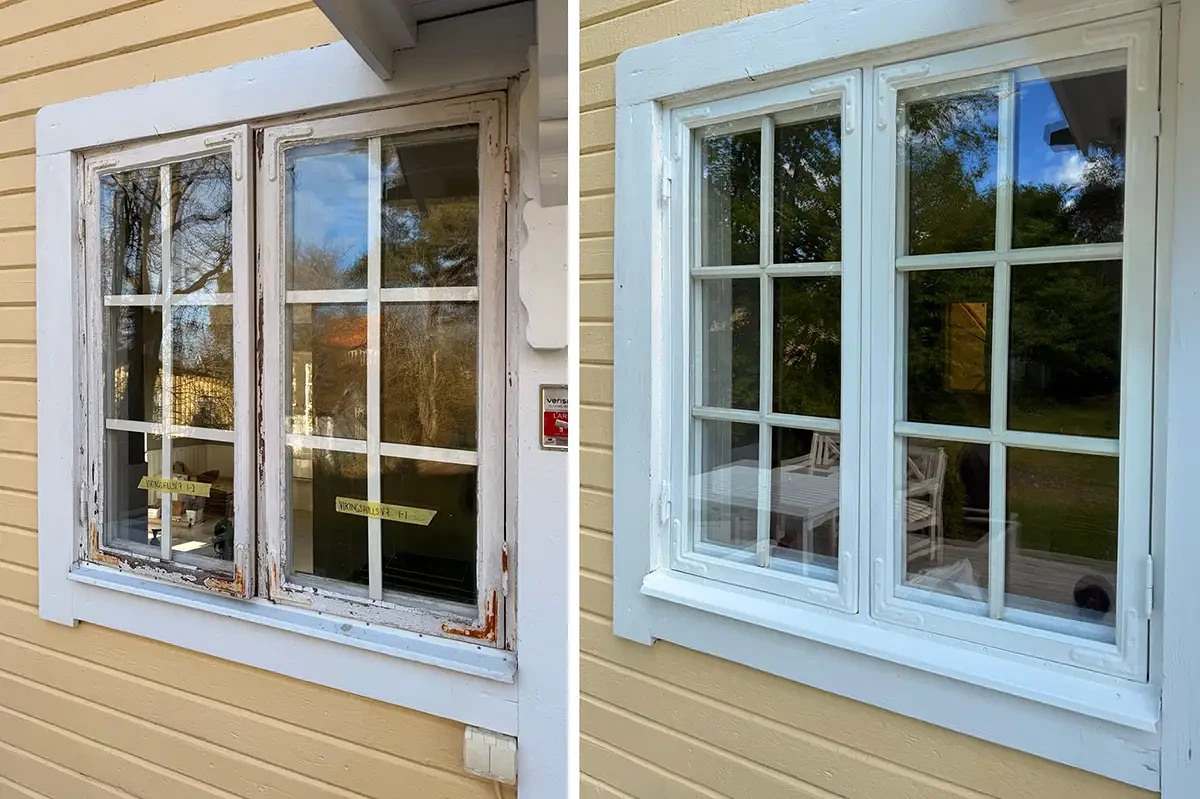 Före och efter renovering av fönster med avflagnad färg