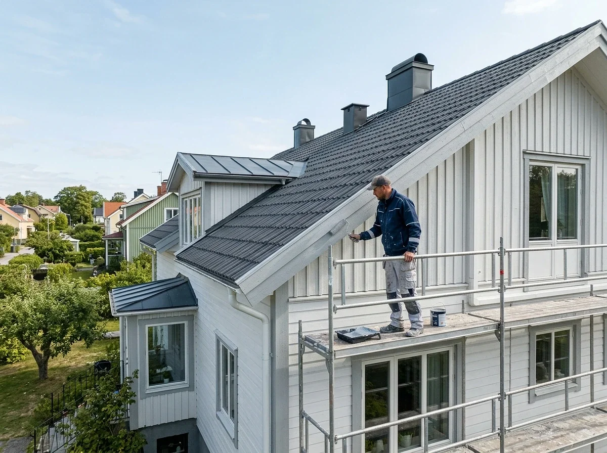 Målare arbetar på ställning vid vitt hus med grått tak.